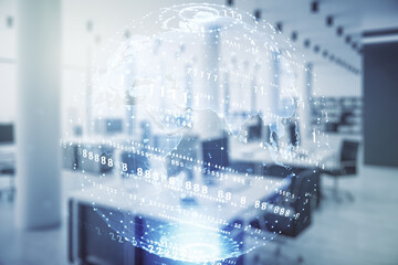 Aufkleber - Double exposure of abstract programming language hologram and world map on modern corporate office background, research and development concept