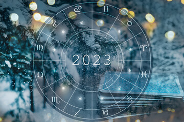 Wall Mural - astrological forecast for 2023. natal chart of the year and horoscope by zodiac signs