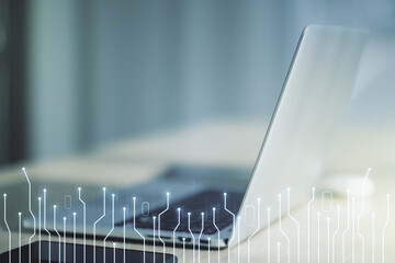 Aufkleber - Creative concept of microscheme illustration on modern laptop background. Big data and database concept. Multiexposure