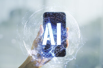 Poster - Creative artificial Intelligence symbol concept and hand with mobile phone on background. Double exposure