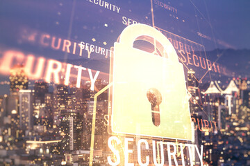 Aufkleber - Double exposure of virtual creative lock hologram with chip on San Francisco city skyscrapers background. Information security concept