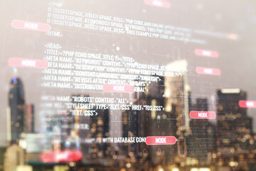 Poster - Multi exposure of abstract graphic coding sketch on blurry skyscrapers background, big data and networking concept