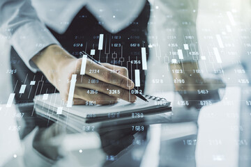 Aufkleber - Multi exposure of creative statistics data hologram with man hand writing in notebook on background, stats and analytics concept