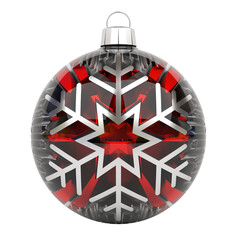 Wall Mural - Isolated glossy christmas bauble with transparency. 3D rendering red shiny ball ornament with flake star. Merry Xmas decoration on cut out transparent background