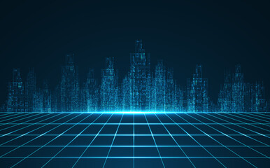 Poster - cityscape on dark blue background with bright glowing neon. technology city background