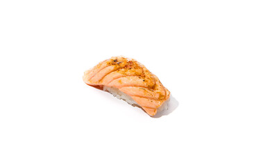 Canvas Print - Baked salmon sushi isolated on white background Simple sushi with fresh salmon fillet in minimal style. Japanese food - susi with burnt salmon and rice. Nigiri sushi with fish