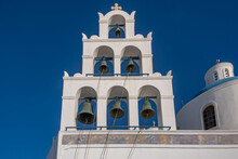 Bell Tower At A Greek Orthodox Church In Oia Town On Santorini Island