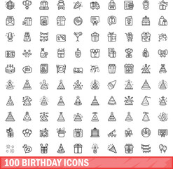 Poster - 100 birthday icons set. Outline illustration of 100 birthday icons vector set isolated on white background