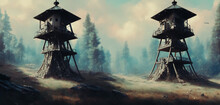 Artistic Concept Painting Of A Wooden Watch Tower, Background Illustration.