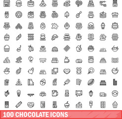 Poster - 100 chocolate icons set. Outline illustration of 100 chocolate icons vector set isolated on white background