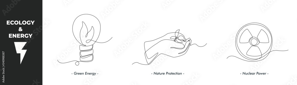 Single one line drawing energy and ecology concept set. Green energy ...