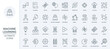 Machine learning, data analysis thin line icons set vector illustration. Outline algorithms and automatic smart processes of AI communication, circuit in digital robot brain, future technology