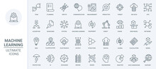 Machine Learning, Data Analysis Thin Line Icons Set Vector Illustration. Outline Algorithms And Automatic Smart Processes Of AI Communication, Circuit In Digital Robot Brain, Future Technology