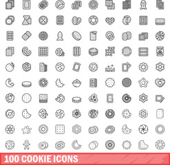 Poster - 100 cookie icons set. Outline illustration of 100 cookie icons vector set isolated on white background