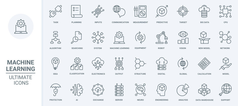 machine learning, data analysis thin line icons set vector illustration. outline algorithms and auto