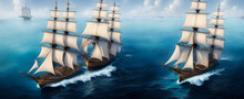 Painting Of A Tall Ship On The Sea, Background Illustration.