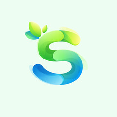 Wall Mural - Letter S eco logo with gradient lines with green leaf. Environment friendly icon made of overlapping parts.