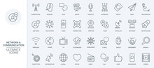 Social Media, Global Network Technology Thin Line Icons Set Vector Illustration. Outline Communication Tower And Satellite System, Global Support, Email Notification And Chat Messages Symbols