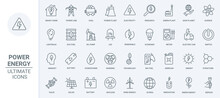Innovation Researches In Energy And Power Production Thin Line Icons Set Vector Illustration. Outline Solar Panel And Wind Mill, Nuclear And Water Power Plant, Electric Car, Eco Mindset To Save Planet