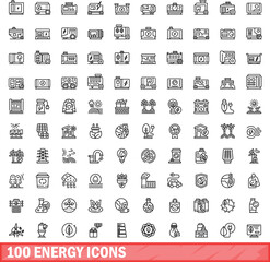 Poster - 100 energy icons set. Outline illustration of 100 energy icons vector set isolated on white background