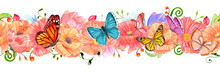 Romantic Floral Seamless Border With Butterflies. Watercolor Painting. Png