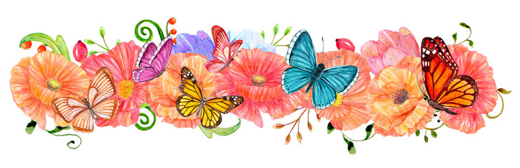 Wall Mural - colorful floral border with butterflies. poppy flowers. watercolor painting