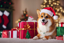 Cute Corgi Dog Wearing Santa's Hat In A Christmas Room With Gift Boxes.