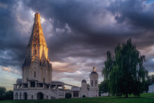 Church Of The Ascension In Kolomenskoye Park At Sunset. Moscow, Russia. Famous Place And Tourist Attraction