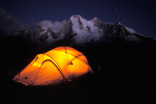 A tent glowing under the stars in Cordillera Blanca, Peru.
