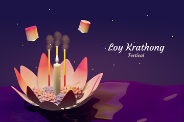 Wall Mural - Loy Krathong Festival in Thailand banner design with lanterns and floating lotus container fashioned of leaves. Yee Peng, Siamese Festive.