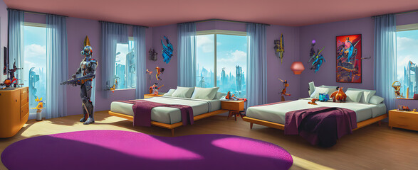 Wall Mural - Artistic concept painting of a beautiful bed room interior, background illustration