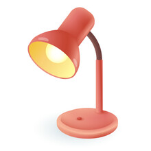 Electric Light Of Red Table Lamp 3D Icon. Desk Lamp With Stand And Bulb In Lampshade For Office Work, Study At Home 3D Vector Illustration On White Background. Electricity, Desktop Equipment Concept