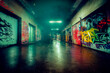 Dark, futuristic cyberpunk city street with graffiti at night. Urban night city. Dystopia. Street art. Abstract airspray. Vandalism. Backdrop. Generative AI