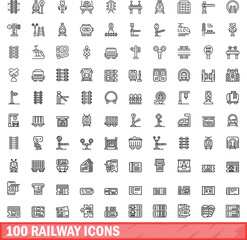 Poster - 100 railway icons set. Outline illustration of 100 railway icons vector set isolated on white background