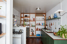 Loft Kitchen Interior With Counter Space And Shelving, Props