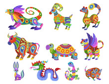 Colorful Mexican Alebrijes Vector Illustrations Set. Collection Of Fantastic Animals As Traditional Mexican Decorative Elements Isolated On White Background. Mexico, Decoration, Celebration Concept