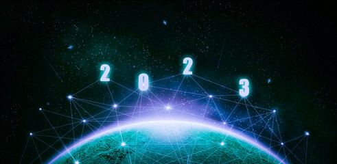 Wall Mural - 2023. Numbers above the planet, against the background of the cosmic sky.3D Illustration. Holidays.