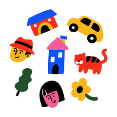 Poster - Set of human playground object in naive style illustration design. Trendy childish hand drawn clip art for design element. collection of car, people, house, tree and flower