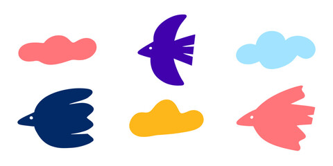 Poster - Set of bird and cloud in naive style illustration design. Trendy childish hand drawn clip art for design element