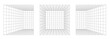 © BaMic illustrations - perspective drawing of three rooms with the same point of view. 3d grids with black lines. abstract composition