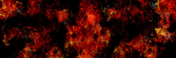 Wall Mural - Abstract bright orange red splashed apocalyptic scene on dark background, dark mysterious mist dangerous backdrop with burn moment effect, old grunge watercolor texture panoramic banner	