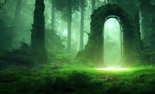 Magical Portal With Arch Made With Tree Branches In Shady Green Forest. Open Door To Alternative Dimension Fantasy Scene 3d Artwork