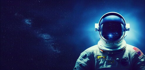 Poster - Astronaut or cosmonaut helmet close up side view. Space tourist in space suit in cosmos. 3d illustration