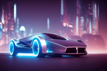 Sticker - Futuristic car. Silver car stands against background of futuristic city. Sci-fi concept. Against the backdrop of a futuristic city. 3d illustration