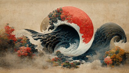 The great wave off kanagawa painting reproduction. Wave of blue. Japanese style. 3d rendering