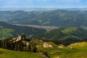 Poster - Landscape with green valley and hills, Rarau Mounatins, Romania