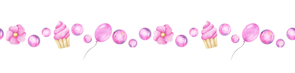 Watercolor seamless border with cute pink balloons, bubbles, flowers and ice cream. Festive repeatable frame for holiday designs