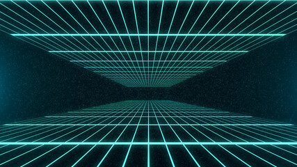 Aufkleber - Retro style Sci-Fi future synthwave background. Futuristic Perspective Grid Landscape. Digital Cyber Surface. Suitable for design party flyer, banner, poster or cover style 80s or 90s. 3D illustration