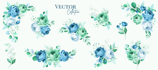Set of watercolor floral bouquets of roses and leaves. Botanic decoration illustration for wedding card, fabric, and logo composition