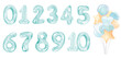 Set of blue balloon numbers for baby boy celebration party, nursery or milestones. Hand-drawn watercolor illustration.